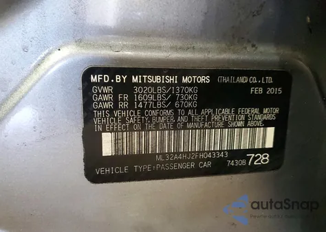 2015 Mitsubishi Mirage Es z USA, uszkodzony, nr VIN ML32A4HJ2FH043343